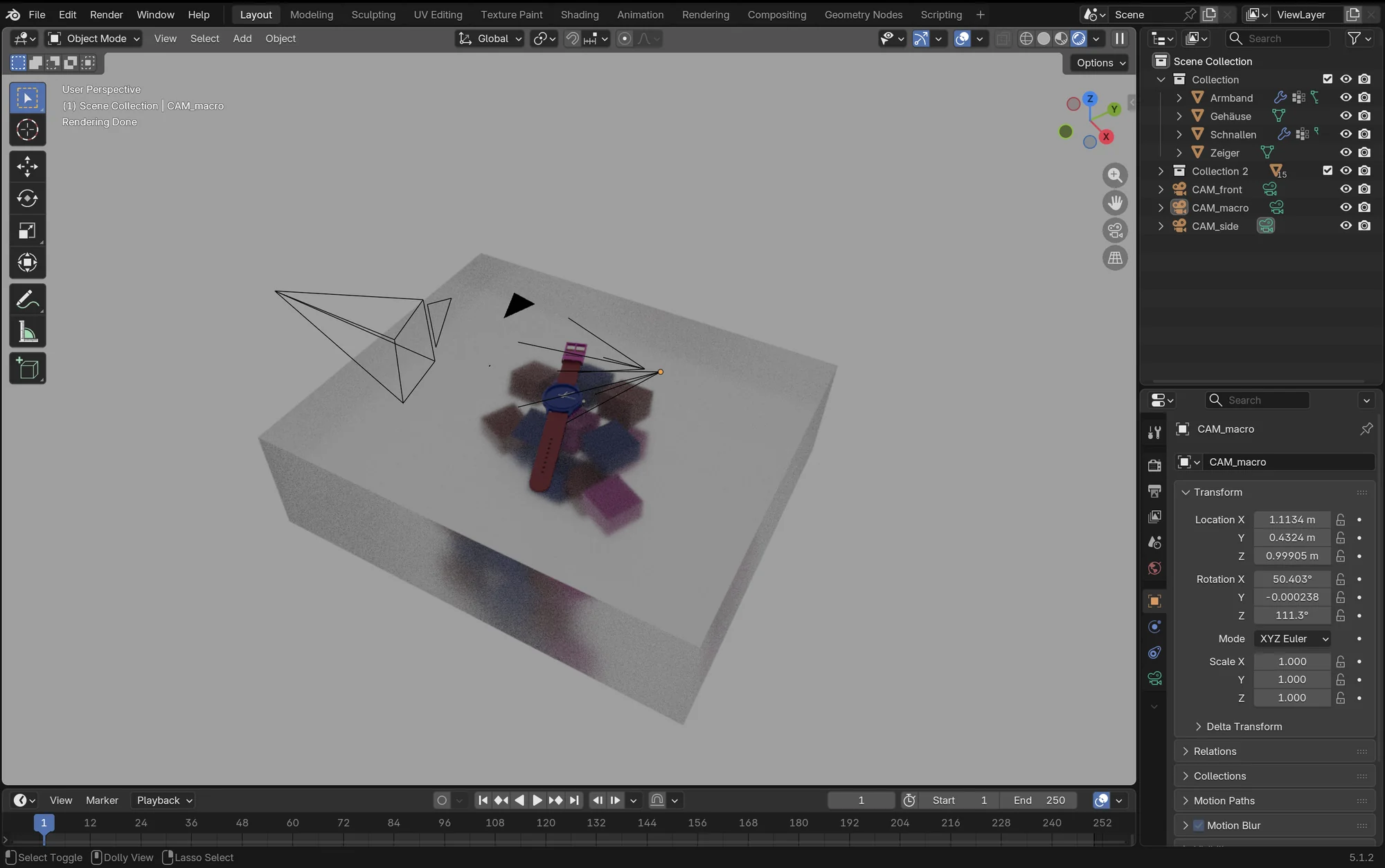 Blender-Ansicht der Szene mit Outliner: vier Bauteile, Umgebungsobjekte und drei benannte Kameras